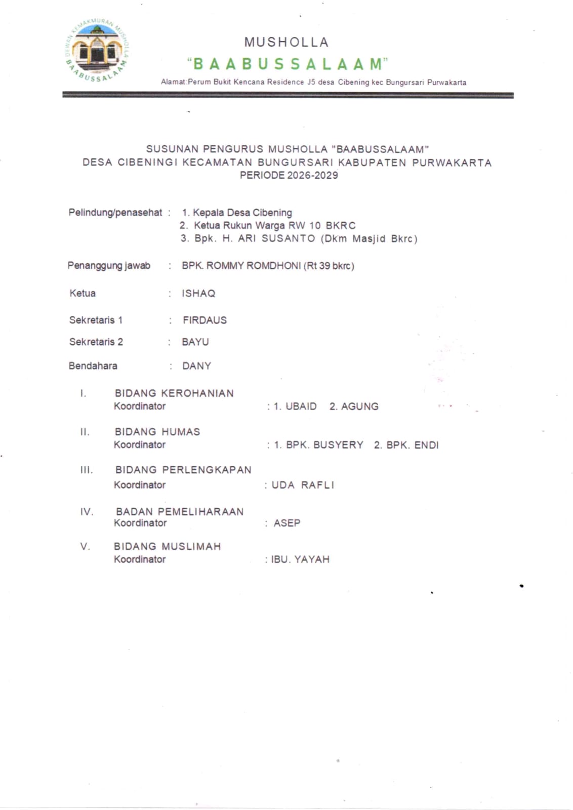 Pengurus Musholla Baabussalaam